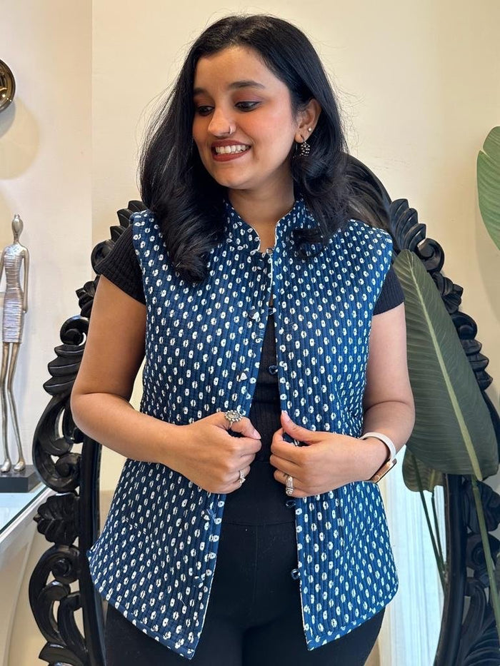 Reversible Quilted Sleeveless Jacket- Indigo