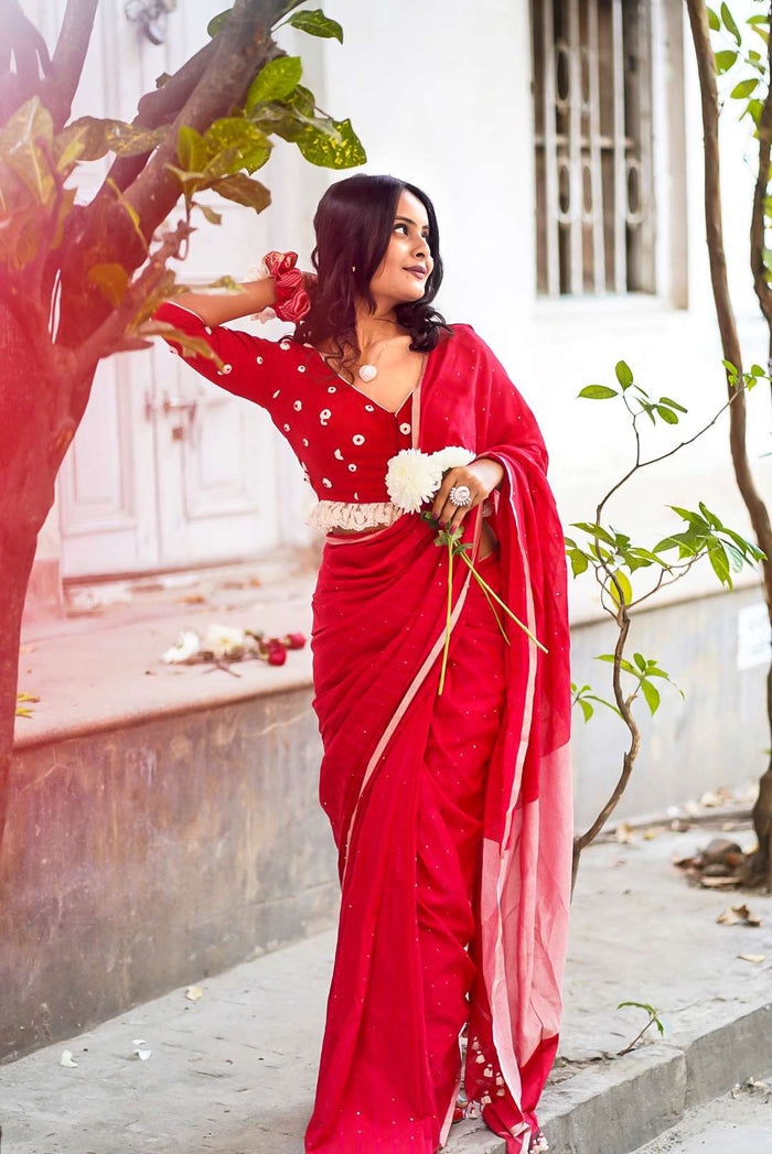 Cotton Red Saree With Sequins and Tassels