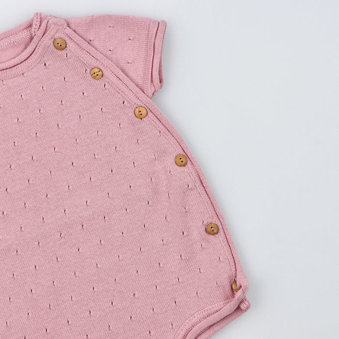 Rose Pink Short Sleeve Perforated Cotton Knit Romper