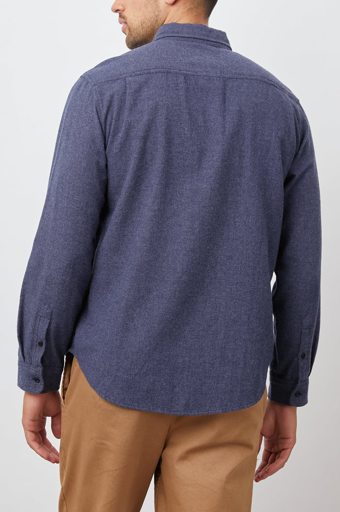 Runson Long-Sleeve Button Down with a Chest Patch Pocket in Heather Blue Colorway - Back View Featured on Model