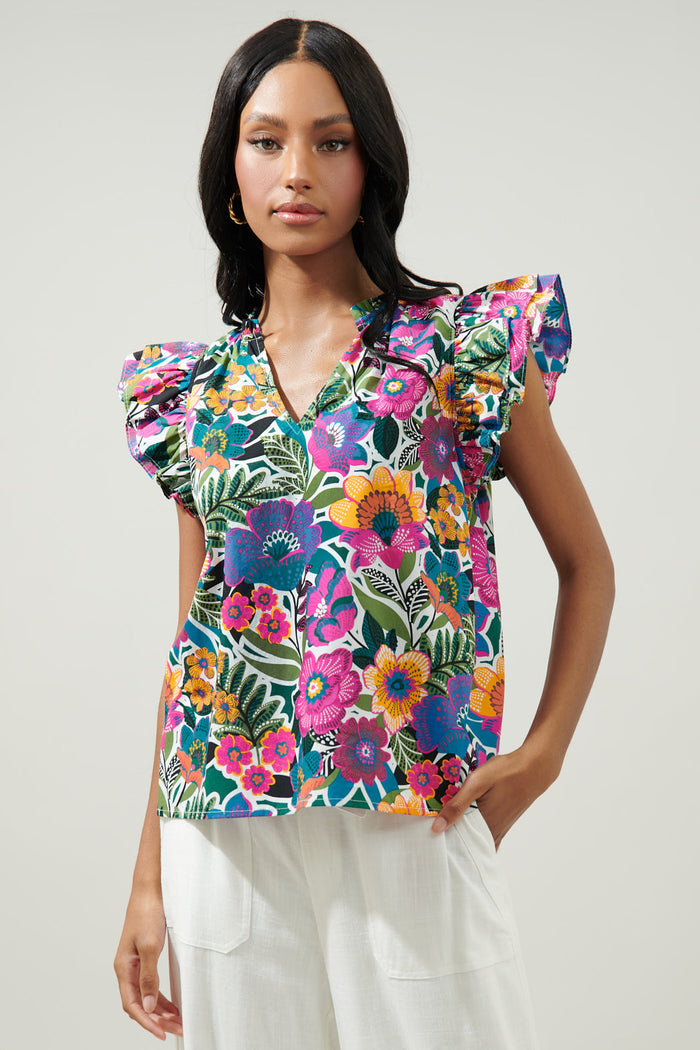 Santa Elena Risette Ruffle Cap Sleeve Split Neck Top