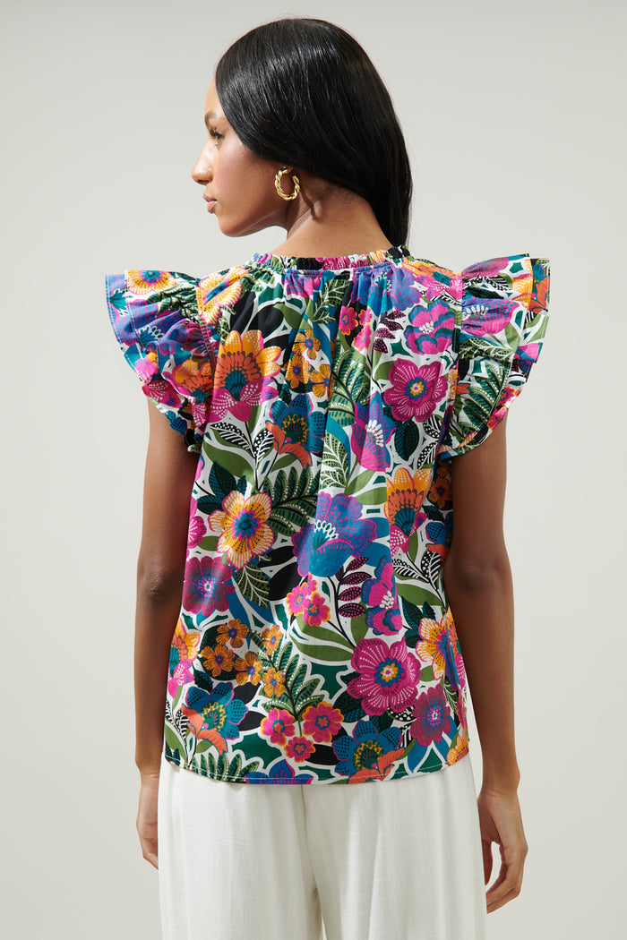 Santa Elena Risette Ruffle Cap Sleeve Split Neck Top