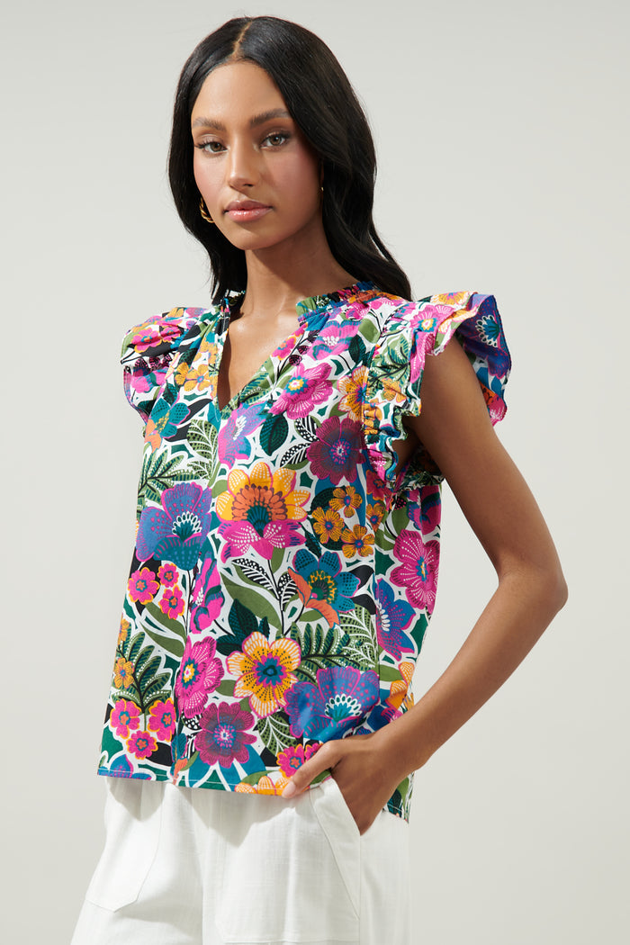 Santa Elena Risette Ruffle Cap Sleeve Split Neck Top