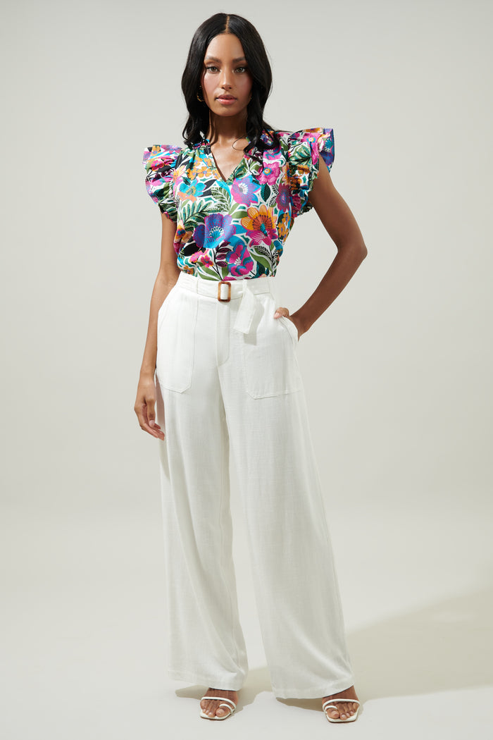 Santa Elena Risette Ruffle Cap Sleeve Split Neck Top