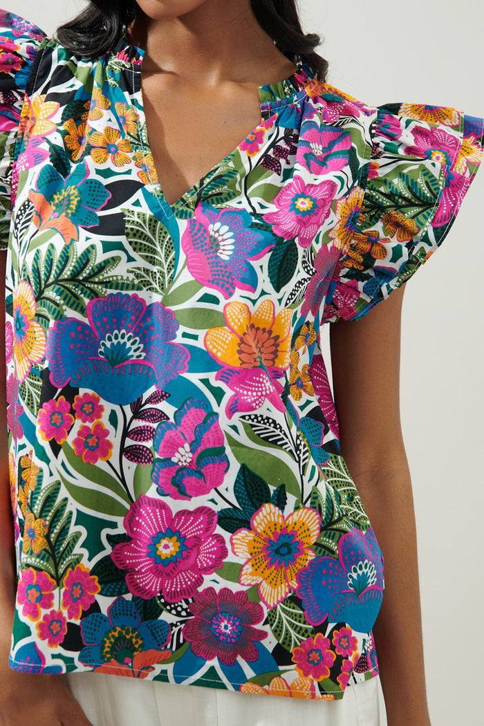 Santa Elena Risette Ruffle Cap Sleeve Split Neck Top
