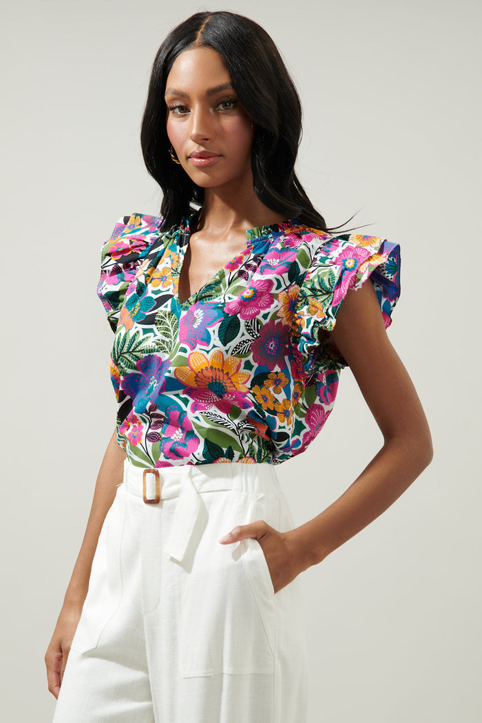Santa Elena Risette Ruffle Cap Sleeve Split Neck Top