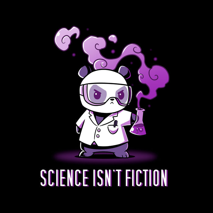 Classic Cotton T-shirt_Teeturtle black Science Isn't Fiction apparel featuring a Panda in a labcoat and safety goggles holding a bubbling, smoking beaker with the words 'Science Isn't Fiction' beneath.