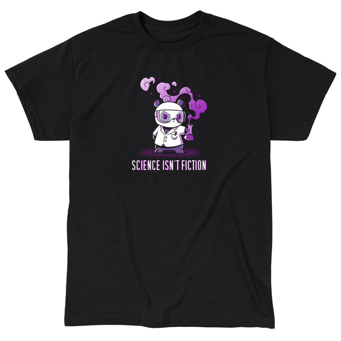 Classic Cotton T-shirt_Teeturtle black Science Isn't Fiction apparel featuring a Panda in a labcoat and safety goggles holding a bubbling, smoking beaker with the words 'Science Isn't Fiction' beneath.