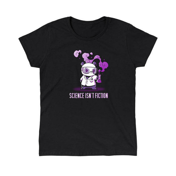 Classic Cotton T-shirt_Teeturtle black Science Isn't Fiction apparel featuring a Panda in a labcoat and safety goggles holding a bubbling, smoking beaker with the words 'Science Isn't Fiction' beneath.