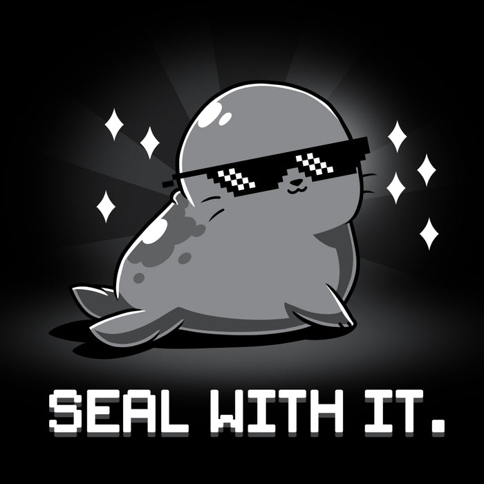 Premium Cotton T-shirt_Teeturtle Seal With It. Black Featuring a smug, sunglasses-wearing seal surrounded by sparkling diamonds with 'Seal with it.' written beneath.