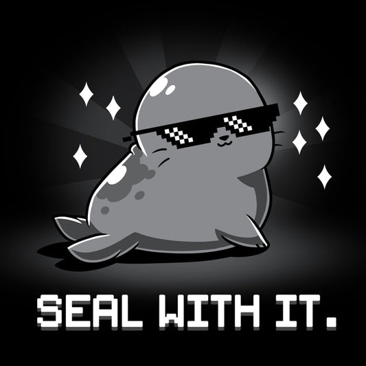 Premium Cotton T-shirt_Teeturtle Seal With It. Black Featuring a smug, sunglasses-wearing seal surrounded by sparkling diamonds with 'Seal with it.' written beneath.