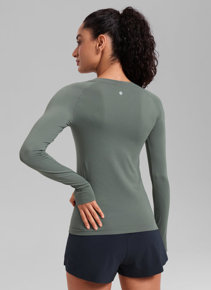 CRZ YOGA Women Seamless Workout Crew Neck Long Sleeve Shirts Grey Sage