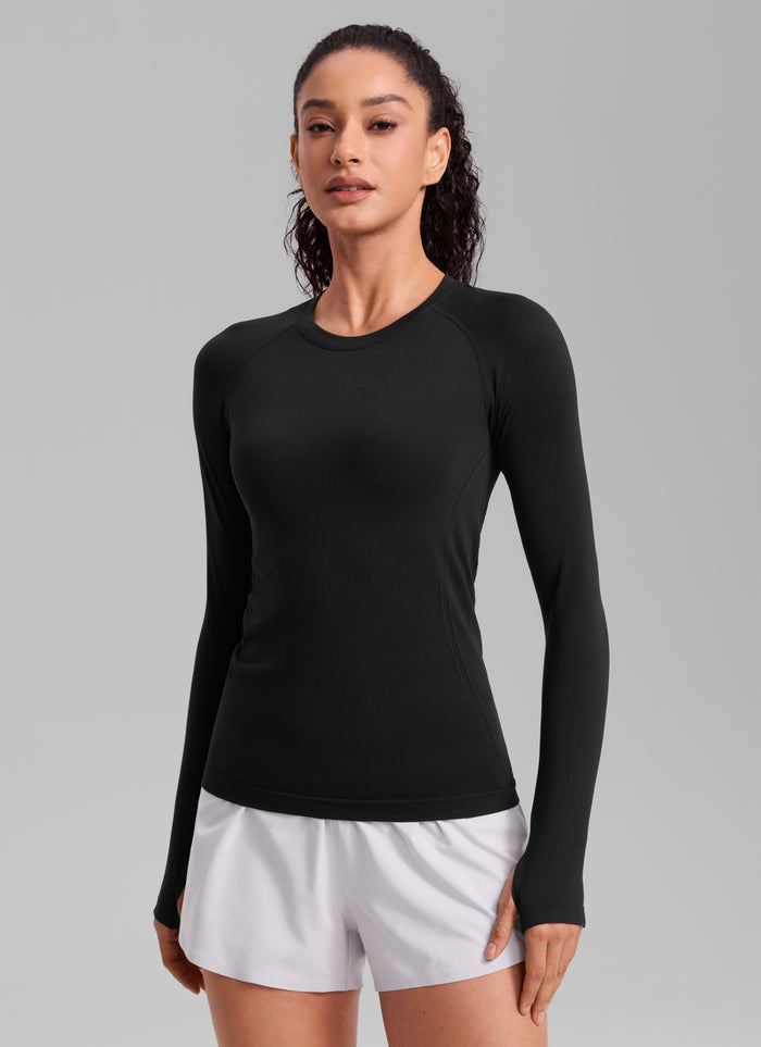 CRZ YOGA Women Seamless Workout Crew Neck Long Sleeve Shirts Black