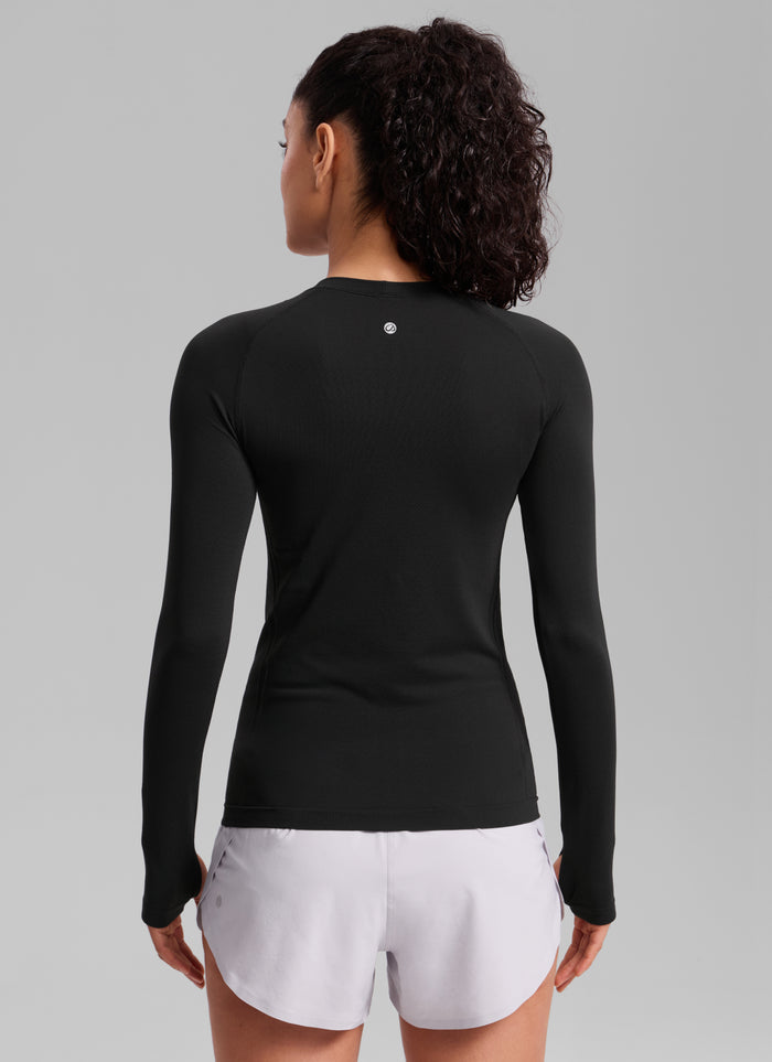 CRZ YOGA Women Seamless Workout Crew Neck Long Sleeve Shirts Black