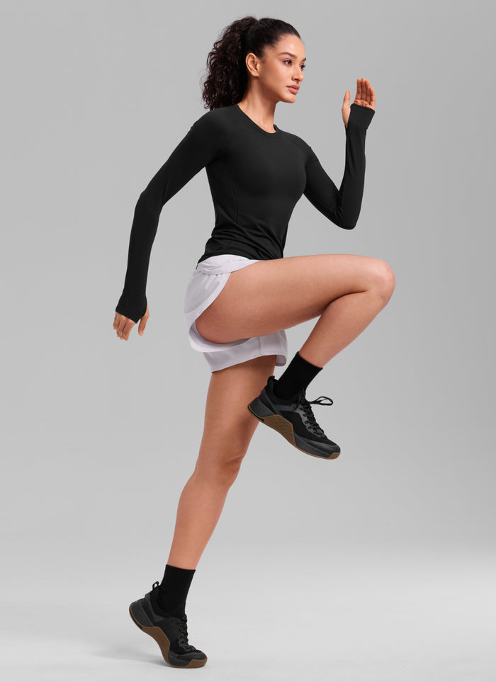 CRZ YOGA Women Seamless Workout Crew Neck Long Sleeve Shirts Black