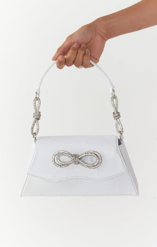 Serena Satin Bow Clutch ~ White