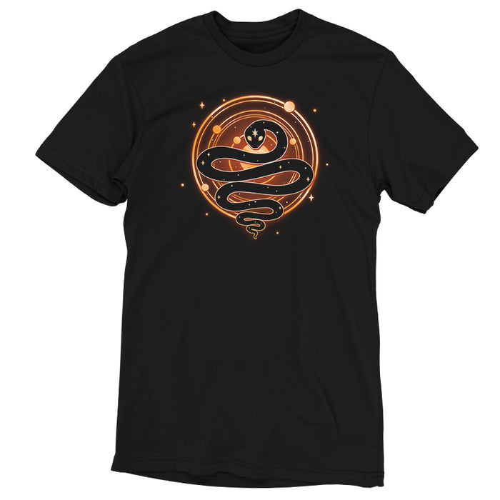 Premium Cotton T-shirt_TeeTurtle Serpent of Cosmos black t-shirt featuring a stylized black snake with white stars on its body who is coiled in front of a glowing circle with smaller orange circles and dots, resembling a cosmic or celestial symbol.