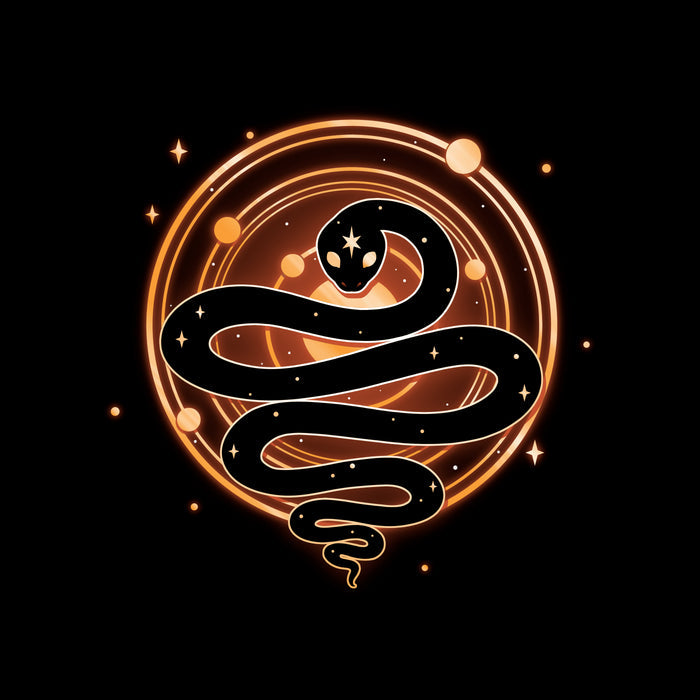 Classic Cotton T-shirt_TeeTurtle Serpent of Cosmos black t-shirt featuring a stylized black snake with white stars on its body who is coiled in front of a glowing circle with smaller orange circles and dots, resembling a cosmic or celestial symbol.