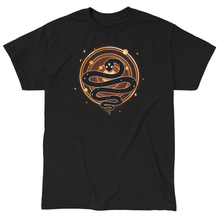 Classic Cotton T-shirt_TeeTurtle Serpent of Cosmos black t-shirt featuring a stylized black snake with white stars on its body who is coiled in front of a glowing circle with smaller orange circles and dots, resembling a cosmic or celestial symbol.