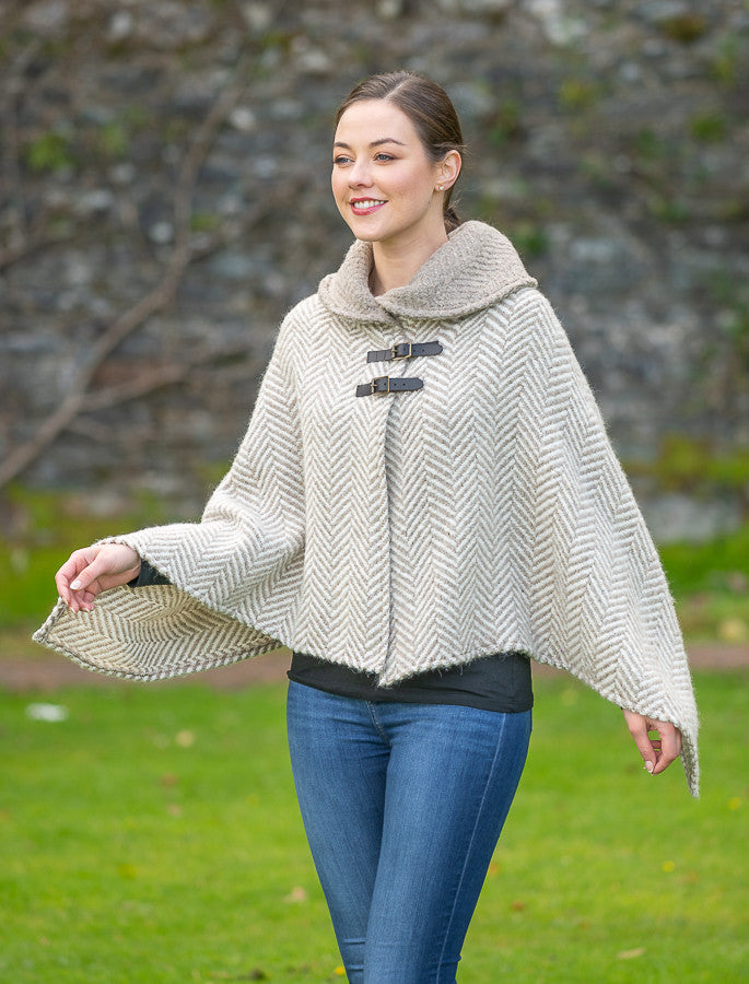 Shawl Collar Herringbone Poncho - Beige & Cream #color_beige-cream