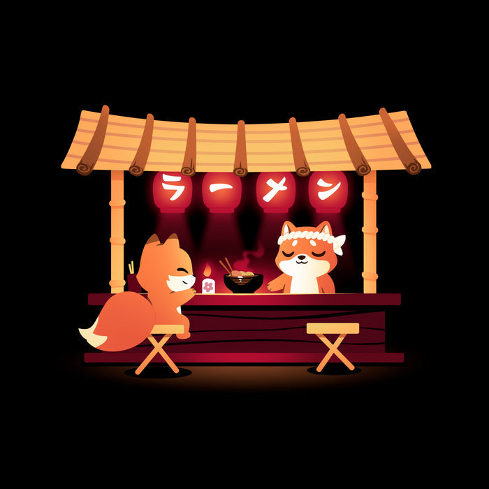 Classic Cotton T-shirt_TeeTurtle Shiba's Ramen Stall black t-shirt featuring an orange fox sitting being served by an orange shiba inu at a food stall. The stall is decorated with red lanterns and a bowl of steaming noodles is being served.
