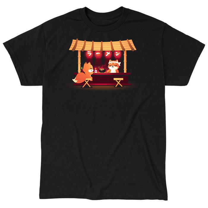 Classic Cotton T-shirt_TeeTurtle Shiba's Ramen Stall black t-shirt featuring an orange fox sitting being served by an orange shiba inu at a food stall. The stall is decorated with red lanterns and a bowl of steaming noodles is being served.