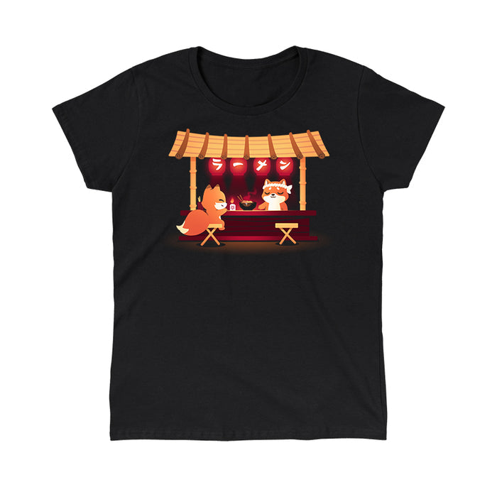 Classic Cotton T-shirt_TeeTurtle Shiba's Ramen Stall black t-shirt featuring an orange fox sitting being served by an orange shiba inu at a food stall. The stall is decorated with red lanterns and a bowl of steaming noodles is being served.