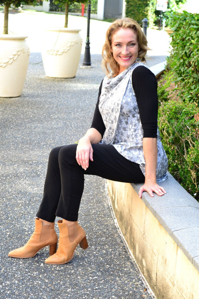 Silver flower cowl neck tunic top by Caroline Morgan, featuring a draped cowl neckline and floral pattern on soft fabric.