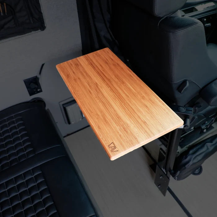 GH1 Small Universal Table Top mounted beside van seat with wood grain finish visible