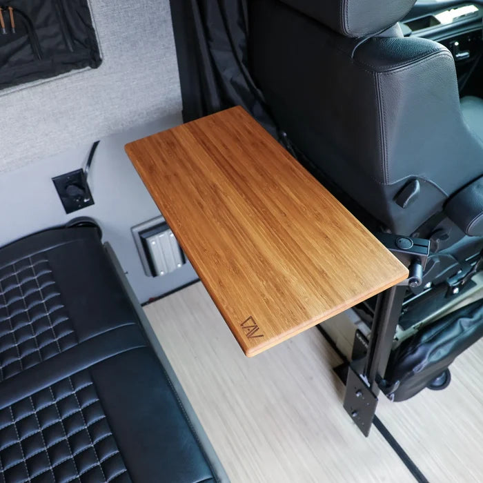 CAV small universal table top mounted beside van seat with wood finish and sleek design
