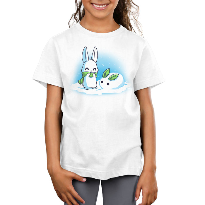 Premium Cotton T-shirt_TeeTurtle Snow Bunnies white t-shirt featuring a smiley white bunny out in the snow wearing a green scarf with a little snowbunny with green leaves as years right next to them