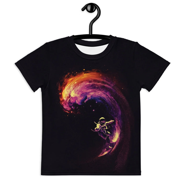 A solitary astronaut in a traditional white suit surfs a magnificent wave of interstellar nebula gases against a void-like midnight black backdrop. Contact us with accessibility feedback, we'd love to help!