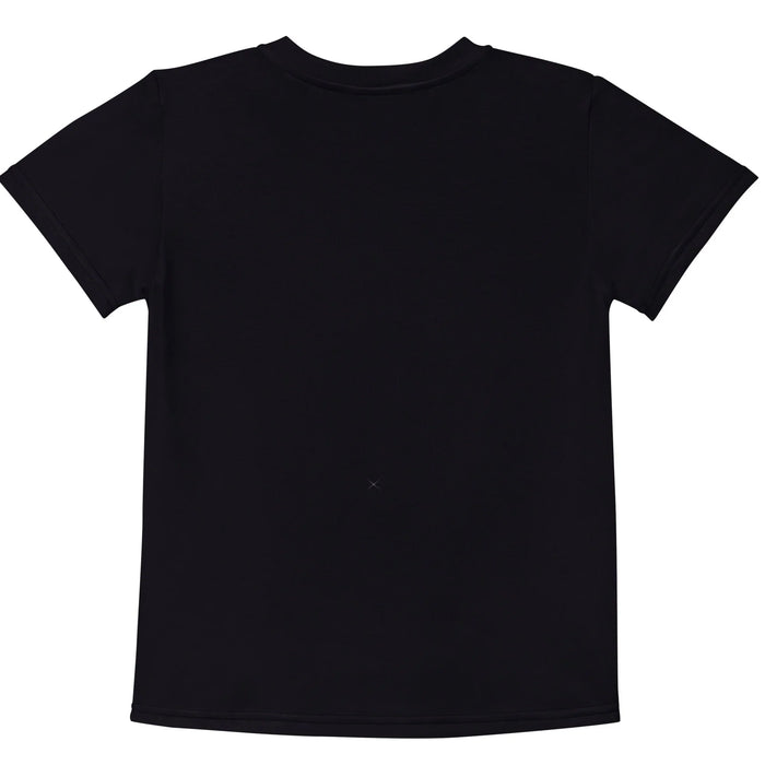 Space Wave Kid's Tee - The dynamic crouch of the white-suited astronaut contrasted against the cresting wave of impossible color, specifically the transition from a burning solar flare orange (#FF7F50) into a deep galactic violet (#8A2BE2).