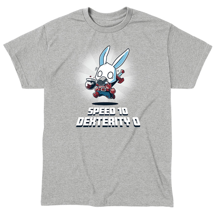 Classic Cotton T-shirt_Teeturtle Speed 10, Dexterity 0 heather gray t-shirt featuring a fantasy adventurer rabbit, their clothes stained with coffee running with jittery eyes while holding a coffee pot and drinking a mug of coffee with the words 'Speed 10 Dexterity 0.' written beneath the image.