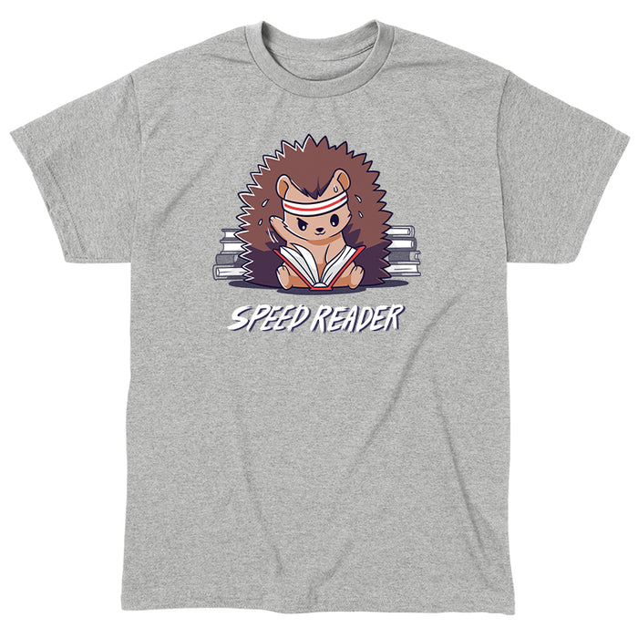 Classic Cotton T-shirt_TeeTurtle Speed Reader heather gray t-shirt featuring a sweating hedgehog in a sweatband rapidly reading books with the words 'Speed Reader' below.