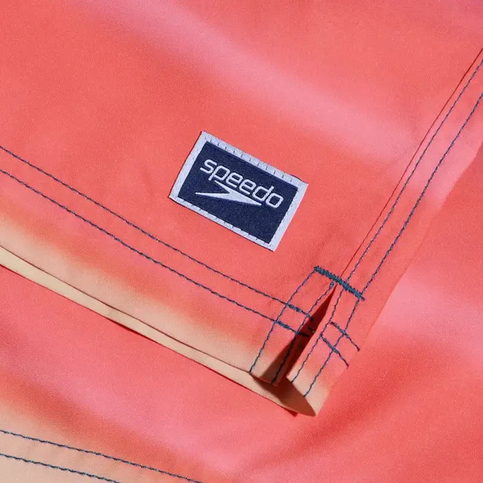 Close-up of Speedo logo on a swim shorts with gradient design