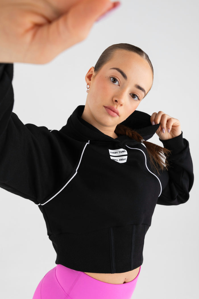 Squad Cropped Hoodie in Black - Detail View