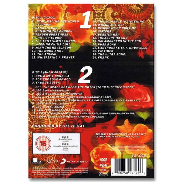 back of the album artwork for steve vai- stillness in motion. there are red, orange, and yellow flowers on the back and white text that shows all of the different tracks included on the album.