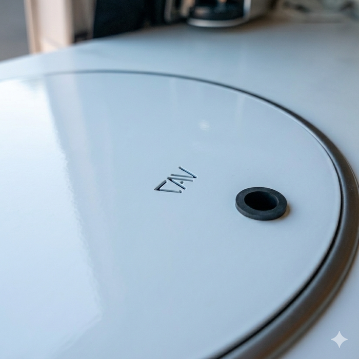 Close-up of Storyteller aluminum sink cover with engraved logo in van kitchen
