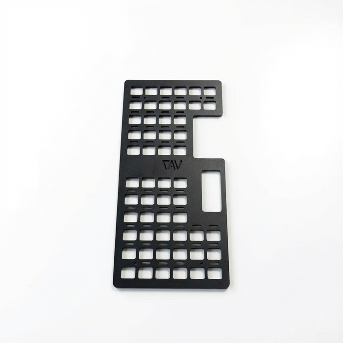Storyteller Galley MOLLE Panel by TAV with black grid design and cutout on white background