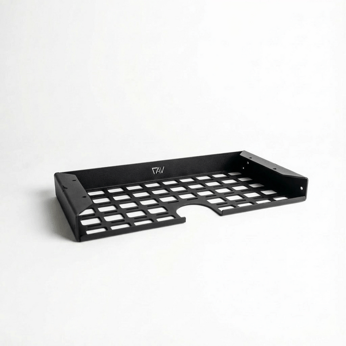 Storyteller undercabinet shelf for driver side with black grid design and CAV logo
