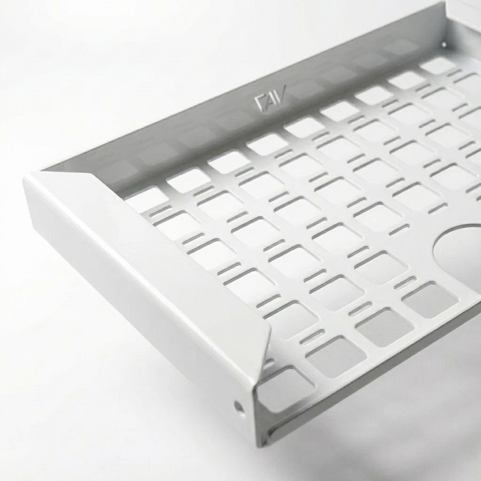 CAV STO undercabinet shelf in silver metal with vented grid design for van interior storage.
