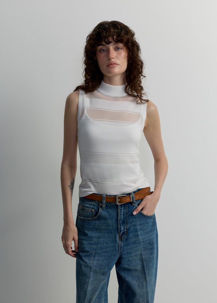 STRIPED KNIT MOCK NECK TANK TOP