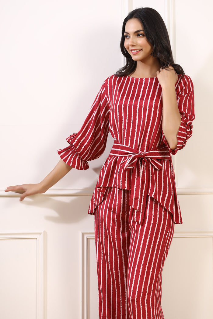 Stripes on Muslin Silk Maroon Co-ord Set