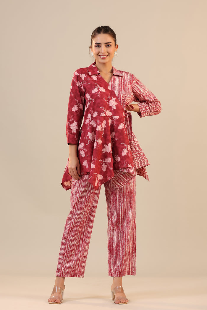 Stripes with Florals on Red  Knot Cotton Co-ord Set