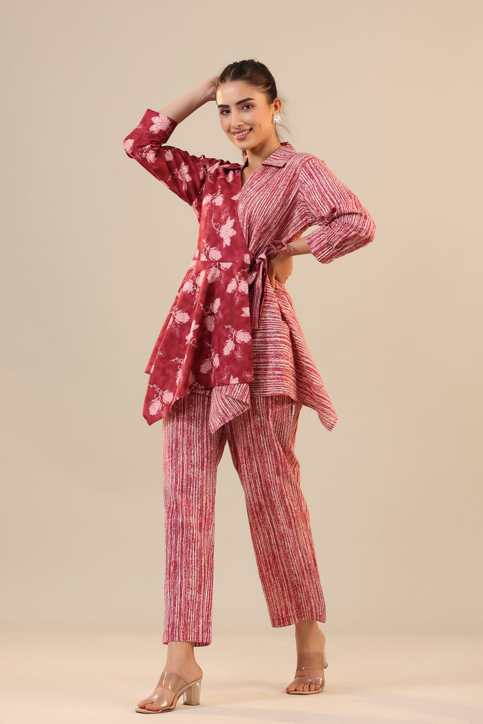 Stripes with Florals on Red  Knot Cotton Co-ord Set