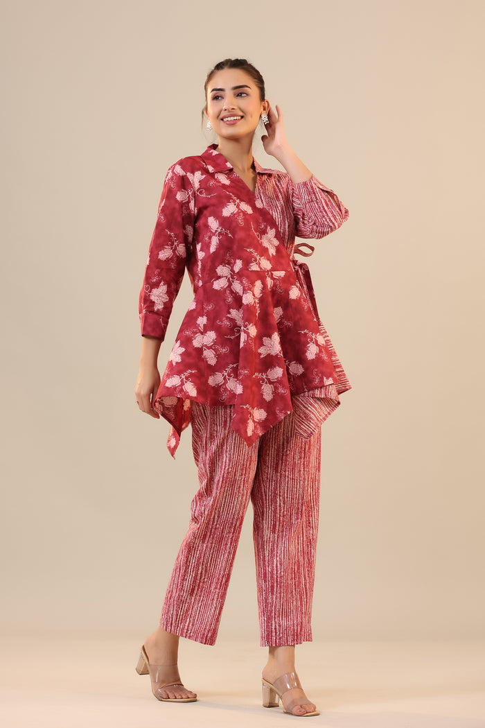 Stripes with Florals on Red  Knot Cotton Co-ord Set