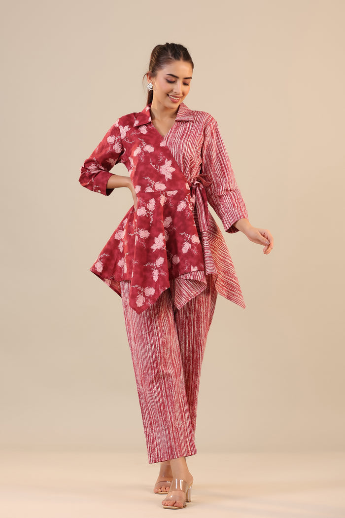 Stripes with Florals on Red  Knot Cotton Co-ord Set