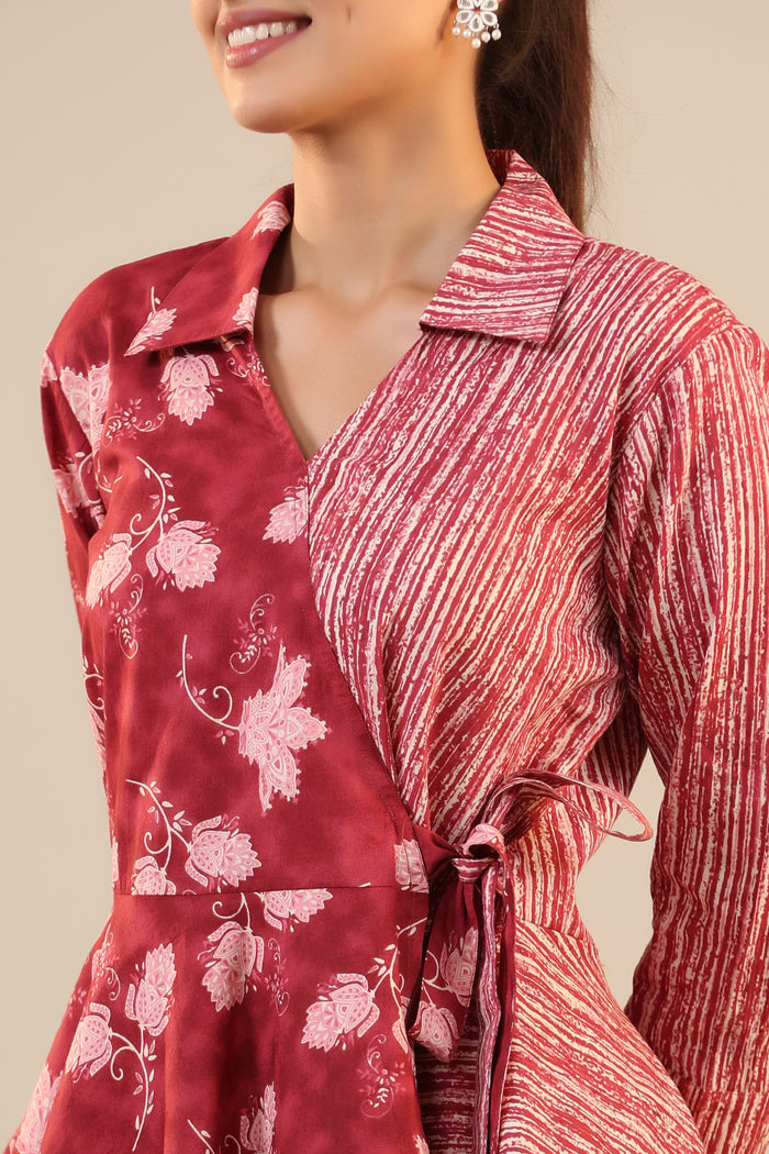Stripes with Florals on Red  Knot Cotton Co-ord Set