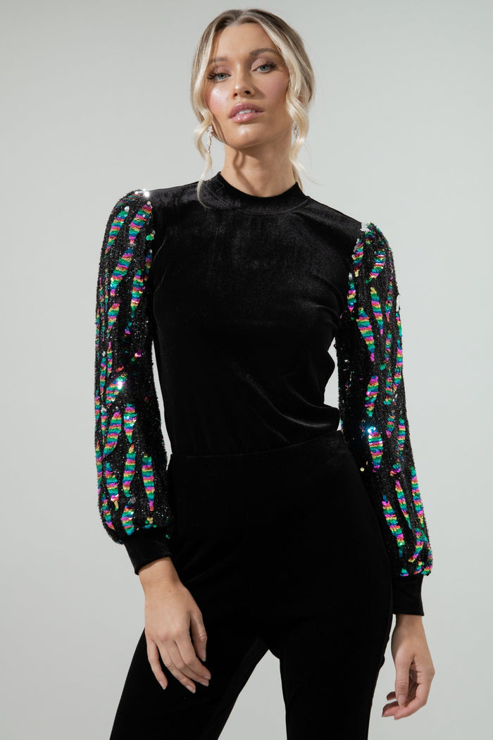 Supernova Velvet Mock Neck Sequin Balloon Sleeve Blouse